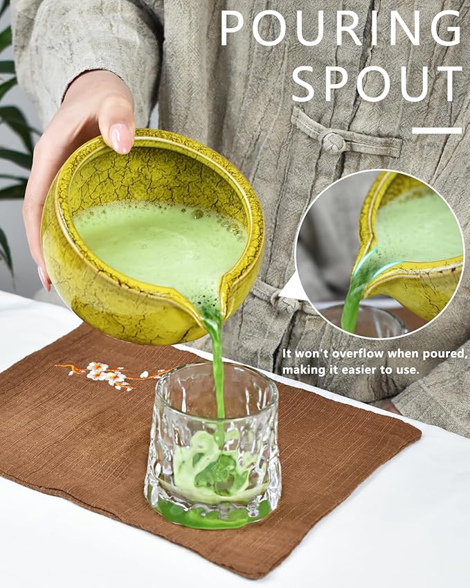 Artcome Matcha Tea Set – 20.2oz Premium Matcha Bowl with Spout, Whisk, Scoop, Whisk Holder & Brewing Guide – Authentic Japanese Tea Ceremony Tools for Perfect Matcha Preparation, Yellow