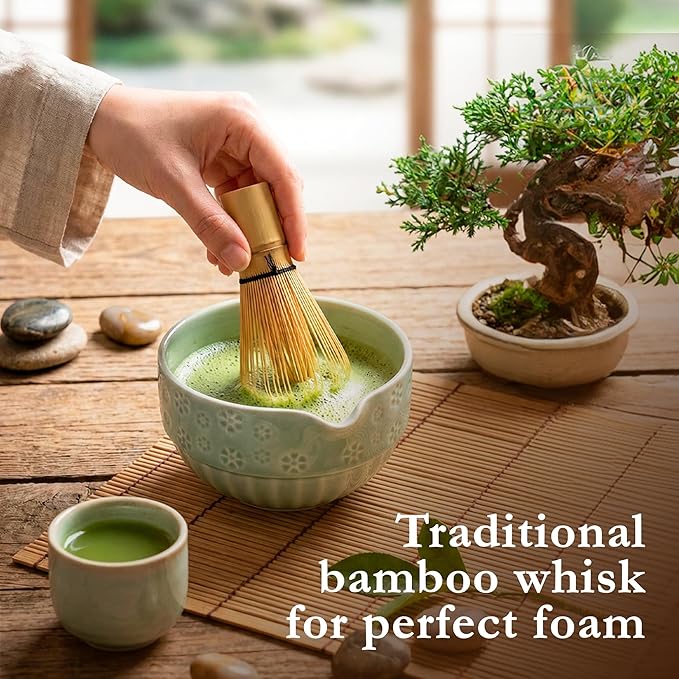 Matcha Whisk Set, Ceramic Matcha Set with Bowl, Bamboo Whisk, Scoop, Strainer, Scoop Rest, Holder, Cloth + Instruction Handbook – Traditional Japanese Tea Ceremony Kit