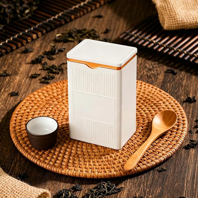HAN SHENG Square Airtight Tea Tins - White, Food Storage Containers for Loose Tea, Coffee, Spices (5.9"x3.4"x2.8")
