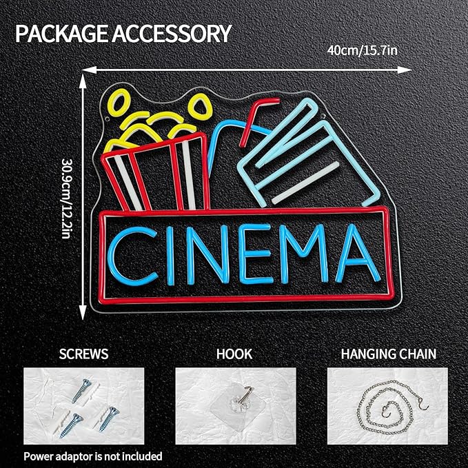 Cinema Neon Sign Dimmable Movie Neon Light Sign for Wall Decor Film Theater Led Signs for Home Bar Movie Night Party Man Cave Film Room Gift 15.7" x 12.2"