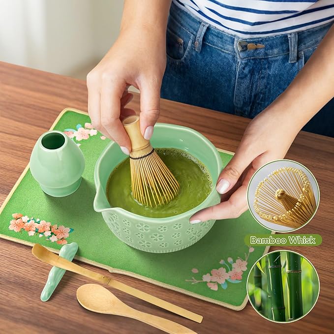 Matcha Whisk Set, 7 Pcs Matcha Making Kit with Matcha Bowl, Matcha Whisk and Holder, Bamboo Scoop, Scoop Rest, Sifter and Tea Towel，Gifts for Christmas Birthday