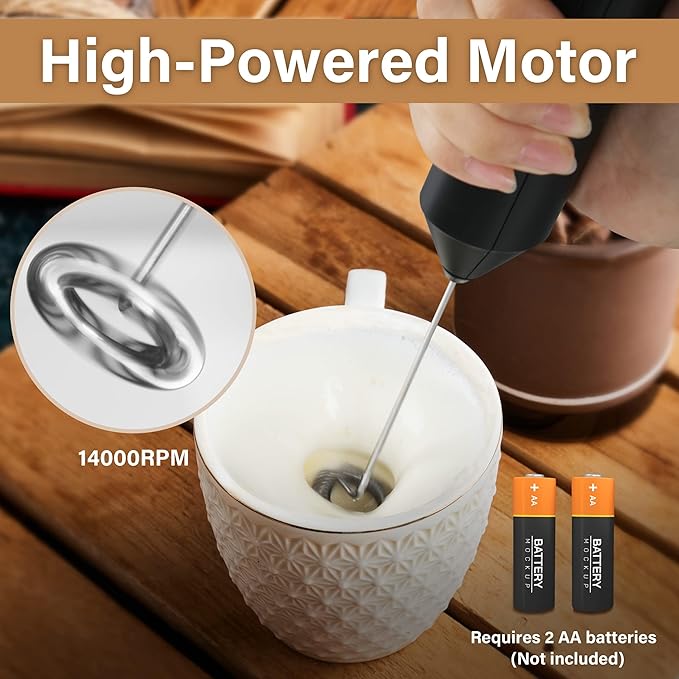 Simple Deluxe Milk Frother Handheld, Foam Maker with Stainless Steel Stand, Battery-Operated Whisk Gift for Coffee, Latte, Hot Chocolate, Black