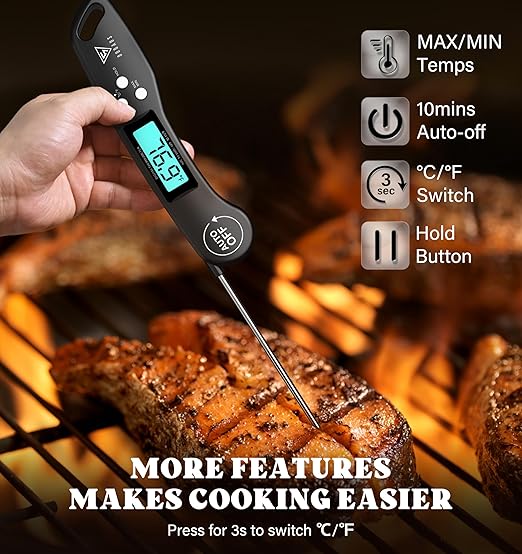 DOQAUS Digital Meat Thermometer, Instant Read Food Thermometer for Cooking with Backlit & Auto-Rotating Display, 4.6” Probe for Grilling, Baking, and Perfect BBQ - Black