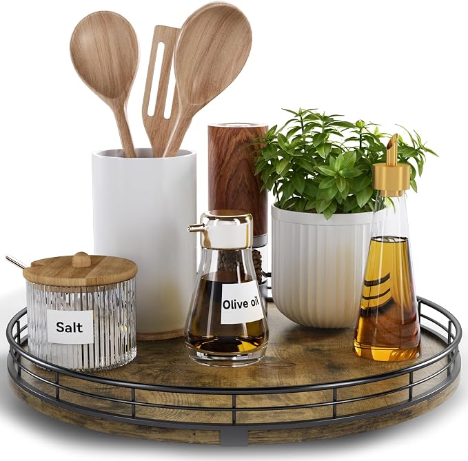 Lazy Susan Turntable Organizer for Table Top, 12’’ Round Wooden Lazy Susan for Cabinet Kitchen Countertop Pantry Dining Coffee Table for Condiments Spices, Rustic Bathroom Vanity Tray for Soap Candle by HGF