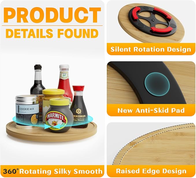 Lazy Susan Organizer Homerays 9 Inch Non-Skid Bamboo Lazy Susan for Kitchen Rotating Spice Rack for Kitchen Cabinet, Wood Turntable for Kitchen Countertop Organizer - Image 4