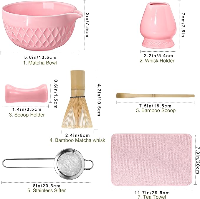 Doasuwish Matcha Whisk Set, 7 Pcs Ceramic Kit, Includes Matcha Bowl with Spout, Matcha Whisk and Holder, Bamboo Scoop, Scoop Rest, Sifter and Tea Towel (Cherry Blossom Pink)