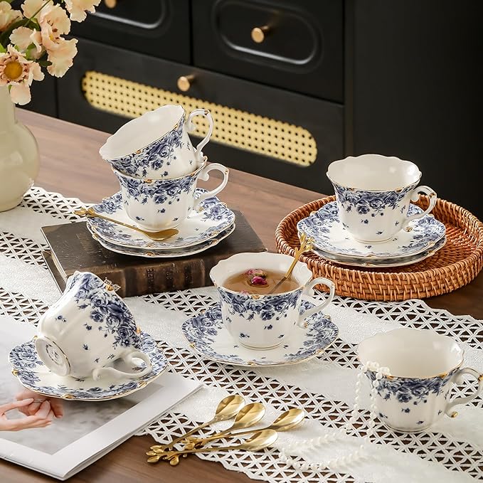 Country Roses Porcelain Tea Cup and Saucer Set with Gold Trim, Vintage Style, For Women and Tea Parties (1, Sky Blue)