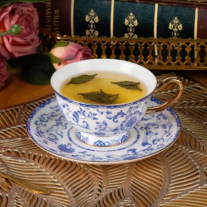 KAMMAK Tea Cups and Saucers Set of 2, Fine Bone China Coffee Cups, Stackable Espresso Mugs, Ceramic Demitasse for Coffee, Cappuccino, Latte, Americano, Tea, Enamel - Blue