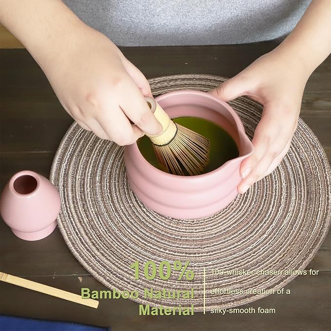 Pink Matcha Whisk Set, Ceramic Matcha Kit Set Gift Present Includes Matcha Bowl, Matcha Whisk and Holder, Bamboo Scoop, Scoop Rest, Sifter and Tea Towel - 7 Pcs Matcha Kit for Matcha Lovers