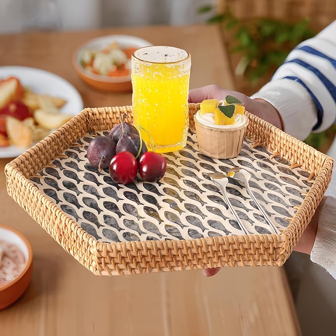 Hexagon Rattan Tray with Mother of Pearl Inlay, Rattan Serving Tray for Coffee, Bread, Fruits, Snacks, Decorative Wicker Tray for Table Decor, Home Decor (Little Bluefish, 14.5"×12.8")