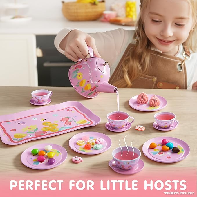 JOYIN Fairy Blossom Tea Party Set for Little Girls, Pretend Pink Tin Teapot Set, Princess Tea Time Play Kitchen Toy with Teapot, Cup, Plate, Carrying Case for Kids Toddlers Age 3 4 5 6