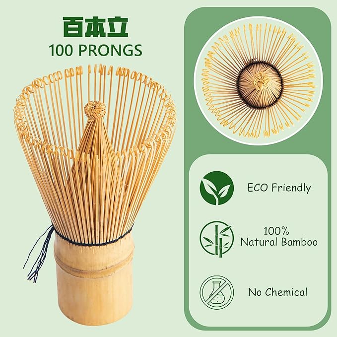 Matcha Whisk Set 5pcs – Bamboo Chasen with Holder, Chashaku Scoop, Spoon, Fine Mesh Sifter – Traditional Japanese Tea Tools for Tea Ceremony, Matcha Making Kit for Tea Lovers（Green)