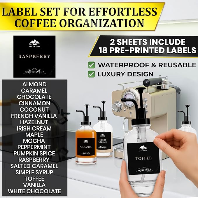 Set of 4 Glass Coffee Syrup Dispenser with Pump 16.9oz 500 ml – 18 Marked Labels – Leak-Proof Glass Syrup Bottles for Coffee Bar, Espresso Station & Barista Setups | Parties & Event Ready (Black) - Image 7