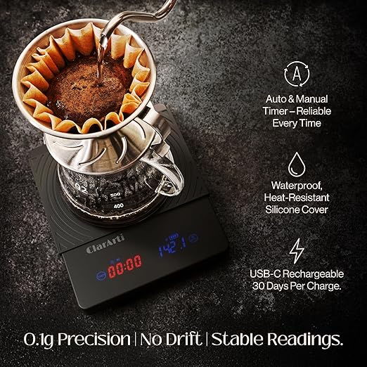 Coffee Scale with Timer – Fast, Stable 0.1g Accuracy, Auto & Manual Timing, Water-Resistant Digital Scale for Pour Over & Espresso