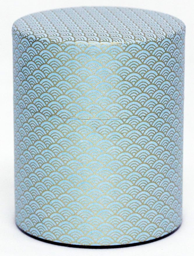 Washi Paper Tea Tin Canister: Wide 7oz (200g) Skyblue waves with gold outlines (#89), Japan