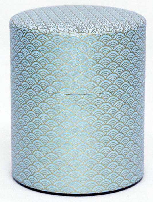 Washi Paper Tea Tin Canister: Wide 7oz (200g) Skyblue waves with gold outlines (#89), Japan
