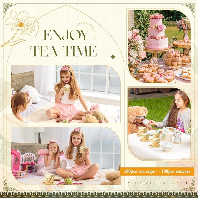 Nuogo 200 Pcs Floral Paper Tea Cups and Saucers 7 oz Disposable Tea Party Decorations Vintage Cute Paper Tea Cups and Plates with Handles for Girls Wedding Baby Bridal Shower Birthday, Serve 100