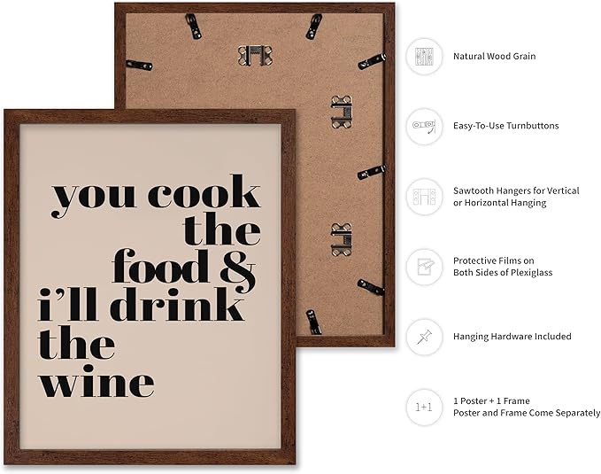 Poster Master Minimalist Poster - Funny Print - You Cook The Food, I'll Drink The Wine, Joke, Humorous, Unique - Gift for Artist, Friend - Wall Decor for Kitchen, Bar, Pub, 8x10 Brown Framed
