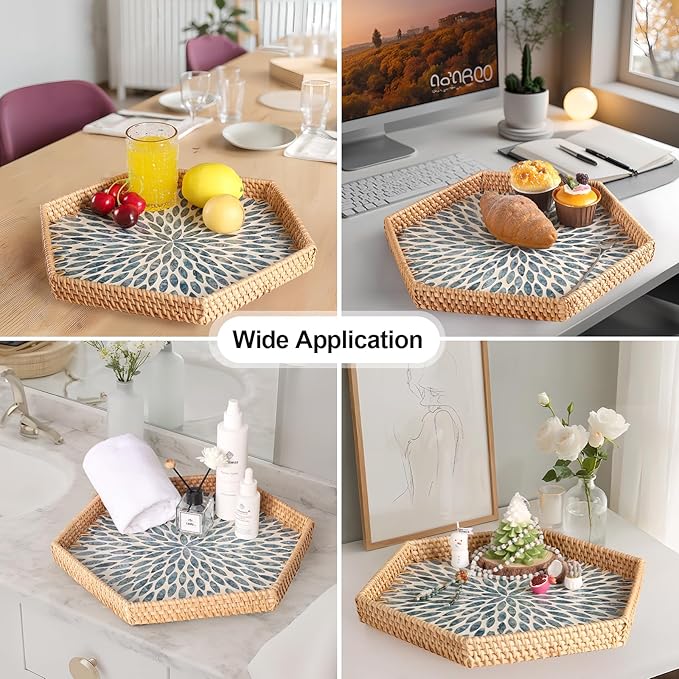 Hexagon Rattan Tray with Mother of Pearl Inlay, Rattan Serving Tray for Coffee, Bread, Fruits, Snacks, Decorative Wicker Tray for Table Decor, Home Decor (Light Blue Leaves, 14.5"×12.8")