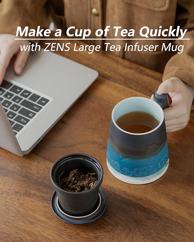 ZENS Tea Cup with Infuser and Lid for Loose Leaf Tea Steeper, 15.2 oz Ceramic Tea Mug with Fine Tea Strainers and Absorb Coaster, Wood Handle Large Diffusers Mugs Tea Lovers Gifts