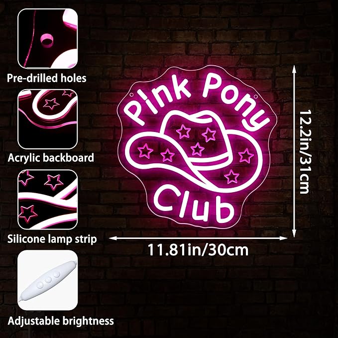 Pink Pony Club Neon Sign for Wall Decor Dimmable Western Cowgirl Hat LED Light for Music Room Party Girls Room Pink Cowgirl Decor Princess Signs Western Art Gifts for Girls Size 12.2*11.8in(GLNCP117)