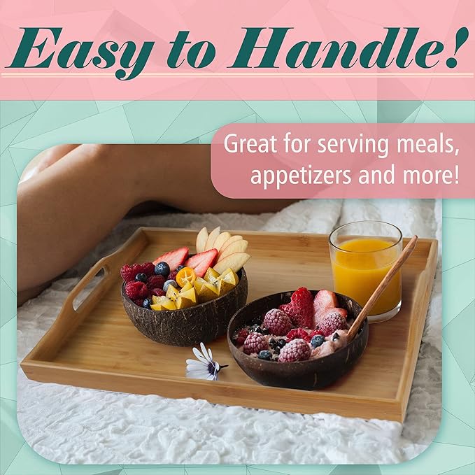 Bamboo Serving Tray with Handles - 17" x 12.5" x 2" - 30 Trays