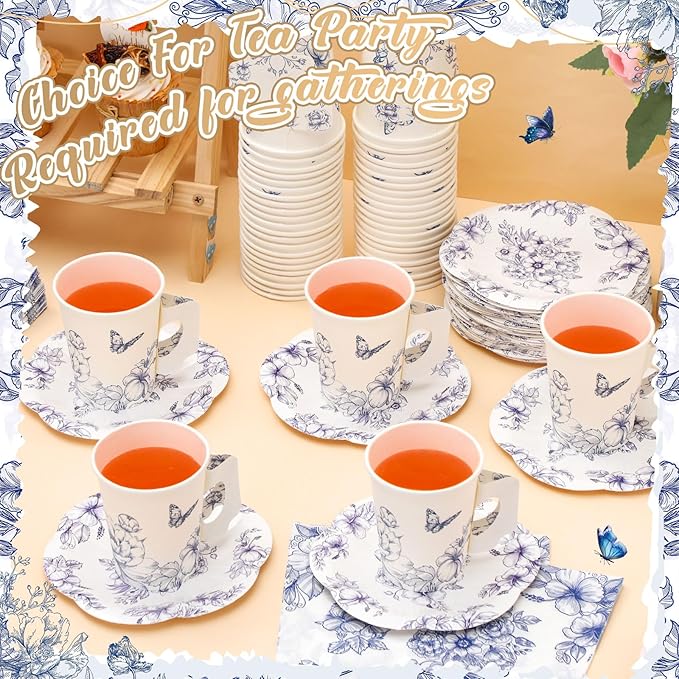 Vesici 150 Pcs Floral Tea Party Decorations for Table 9 oz Disposable Paper Tea Cups with Handles Plates, Saucers and Napkins Set for Spring Party Girl Birthday Wedding Mothers Day(Charming Style)
