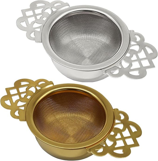 2 Pcs Tea Strainer Bowl, Stainless Steel Loose Leaf Tea Filter for Easy Brewing and Cleaning, Design Fits Most Standard Cups (Gold, Silver)