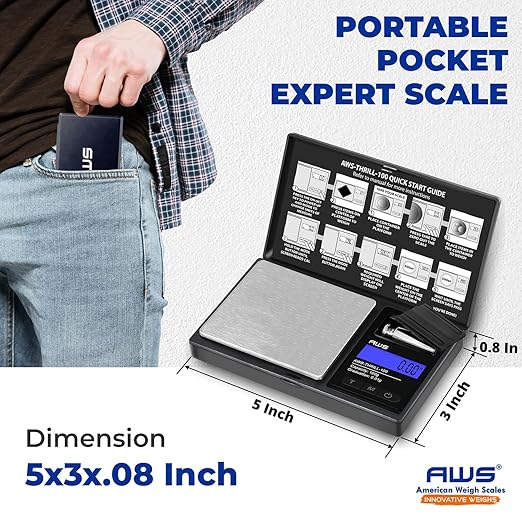 AWS-Thrill Digital Pocket Scale 100g x 0.01g – Portable Mini Gram Scale with Calibration Weight, Tweezers/Spoon, Tube & Silicone Bowl for Jewellery, Powder, Coins (100g x 0.01g)
