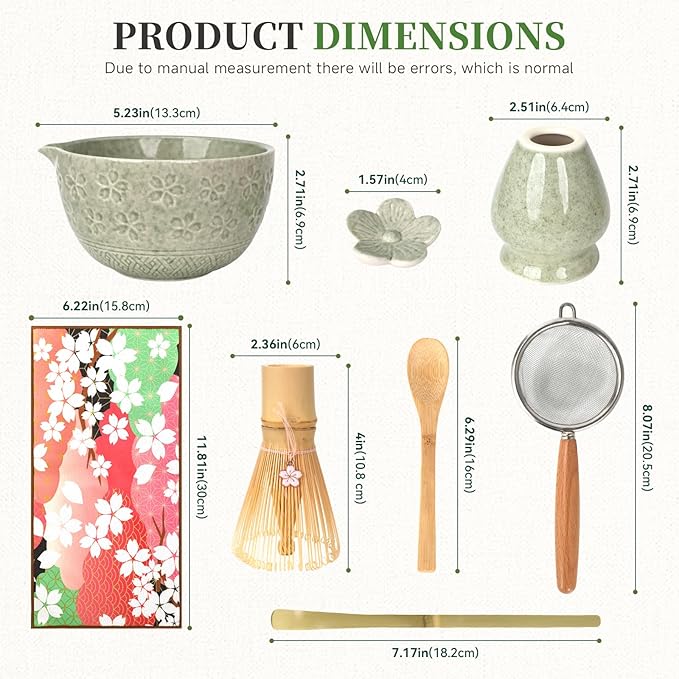 Matcha Whisk Set, Japanese Tea Ceremony Utensils (8 PCS) with Matcha Bowl with Spout (19 oz), Bamboo Whisk, Scoop, Holder, Sifter, Tea Towel – Authentic Matcha Set & Gift Box (Green)