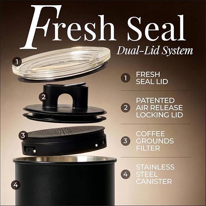 STYLED SETTINGS Vacuum Seal Coffee Bean Container Set – 2-Piece Stainless Steel Coffee Canisters with Scoop and Labels, Matte Black Dual-Lid Airtight Design, 1 lb Capacity Each - Coffee Gift Ideas