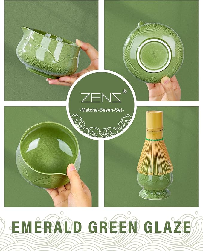 ZENS Matcha Whisk Set, 6Pcs Matcha Kit Set Includes Ceramic Bowl, Bamboo Whisk and Chasen Holder,Scoop, 304 Stainless Sifter & Tea Mat, Matcha Set for Tea Ceremony, Blue