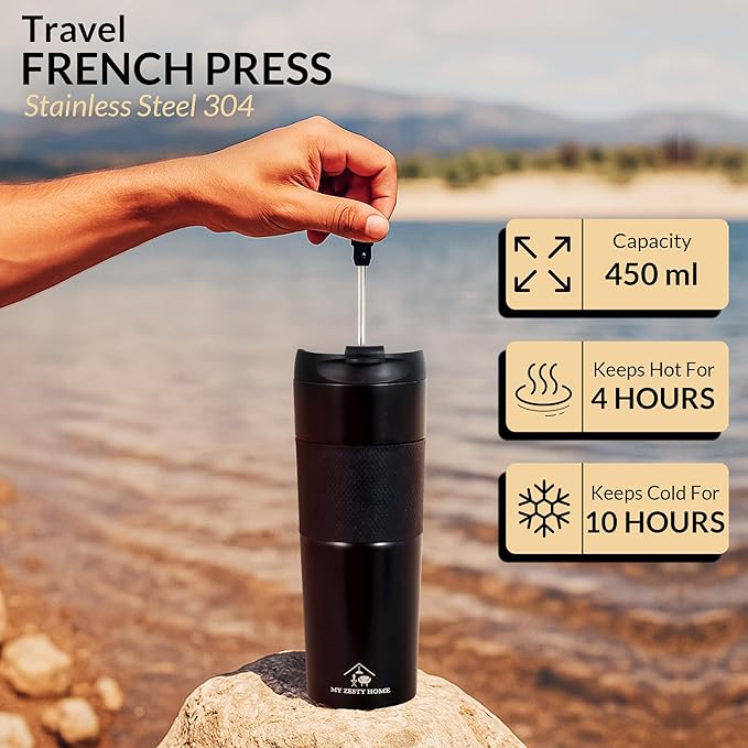 Travel French Press Black15oz Stainless Steel Double-Walled Vacuum Insulated Travel Coffee Mug with Leak-Proof Locking Lid, Keeps Coffee Hot 4 Hrs Portable for Camping, Office, Car, Premium Gift