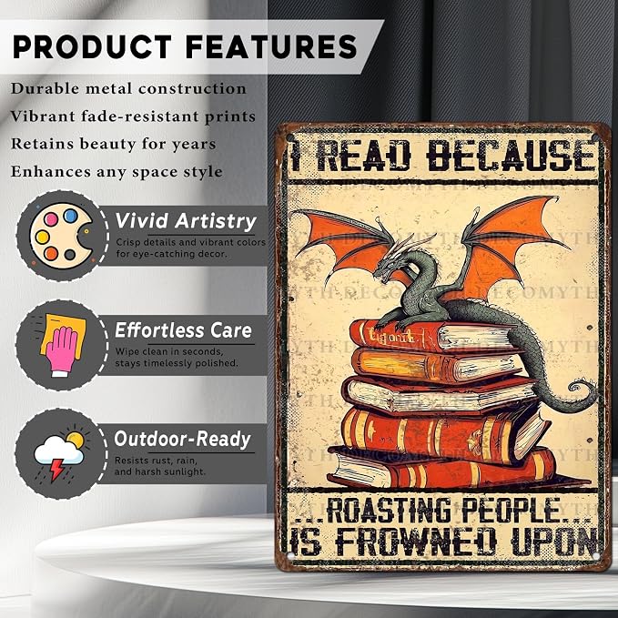 Vintage Dragon Tin Sign I Read Because Roasting People Is Frowned Upon Sign for Home Cafe Bedroom Library Bookshelf Wall Decor 12 * 16inch - Image 2