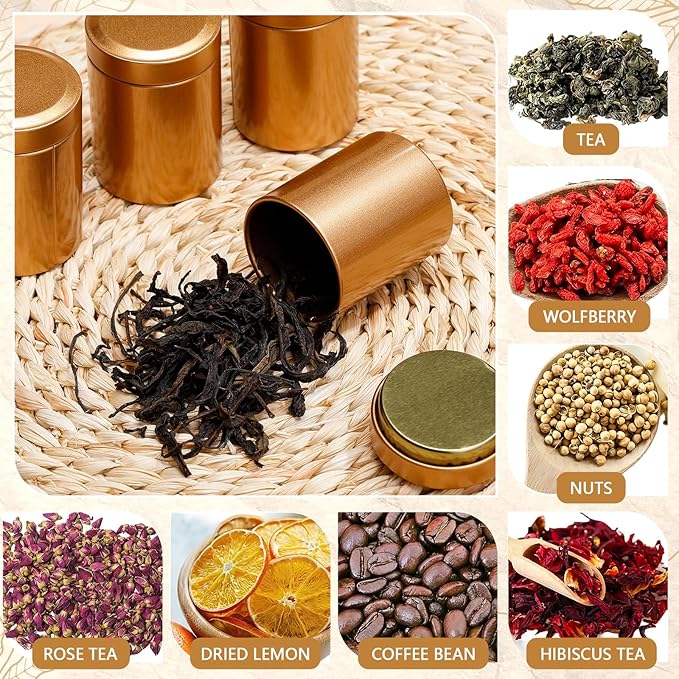 20 Pcs Mini Tea Tin Canister 1.8 × 2.6" with Round Airtight Double Lid Small Kitchen Tea Canister Container for Travel Business Leaf Coffee Candy Spices Herbs (Gold)