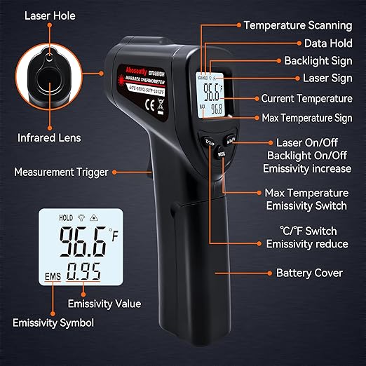 Infrared Thermometer Temperature Gun (NOT for Humans) -58℉~1022℉ (-50℃～550℃) Non-Contact Laser Instant-Read Digital Laser Infrared Ir Thermometer with Backlight(Black)