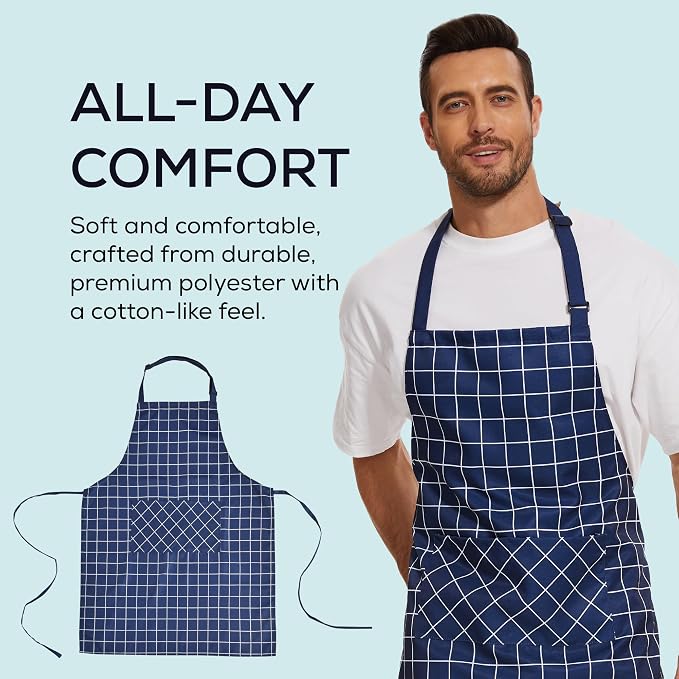 Will Well 2 Pack Bib Apron For Men & Women with 2 Pockets - Navy Checkered | Unisex 33'' x 27'' Oil & Water Resistant Soft Kitchen Chef Apron with Adjustable Neck Strap & 38'' Waist Ties for Snug Fit - Image 4