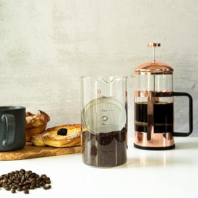 French Press Replacement Glass with Steel Filters by Cafe Crush Club - Fire Hardened Borosilicate Beaker - 34 Ounce | 1 Liter Size with Black Measures