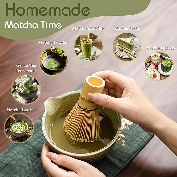 6 Pcs Matcha Whisk Set, Japanese Ceremonial Matcha Making Tools Kit for Bamboo Whisk, Matcha Scoop, Tea Spoon, Ceramic Whisk Holder, Spoon Holder, Powder Sifter - Matcha Green