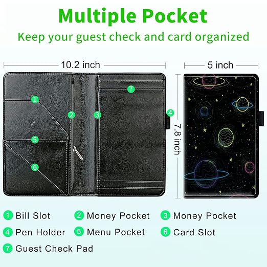 Server Books for Waitress, with 7 Large Pockets, Waiter Serving Book, Waitstaff Server Order Pads, Cute PU Leather Server Book with Pen Holder Fit Server Apron, Cartoon Planets - Image 3