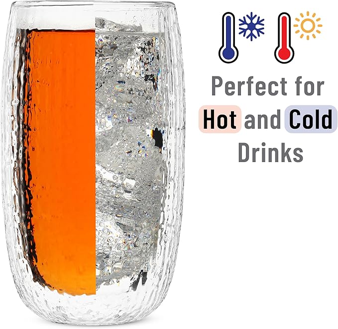 BTaT- Double Walled Glasses, 4 Pack, 12 oz (350 ml), Insulated Dotted Glass Cups, Double Wall Drinking Glasses for Iced Tea, Juices, Water, Cocktails, Hot and Cold Beverages