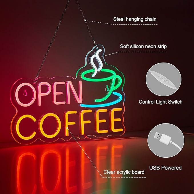 Coffee Open Neon Sign for Coffee Bar Wall Décor Dimmable Business Shop LED Neon Light USB Powered Art Signs Decor