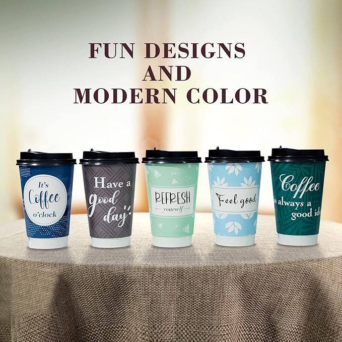 Disposable Coffee Cups with Lids 16 oz, 50 Pack Double-Walled Fun Designs, Insulated, Hot Beverage Paper Cups for Cold & Hot Drinks