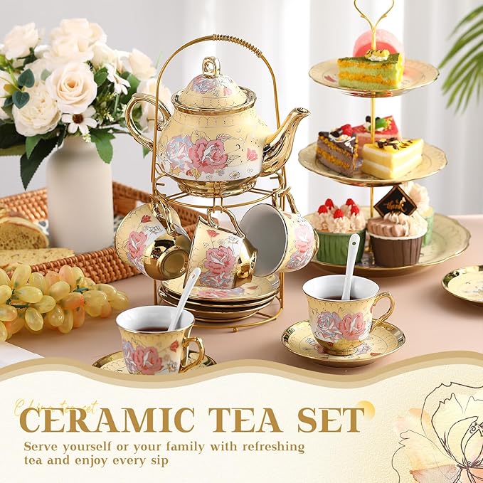 21 Pcs Ceramic Teapot Set Vintage Porcelain Tea Cups with Metal Holder and High Tier Cupcake Stand Saucers for Women Girls Farmhouse European Weddings Party Decor Gifts(Yellow,Fall)