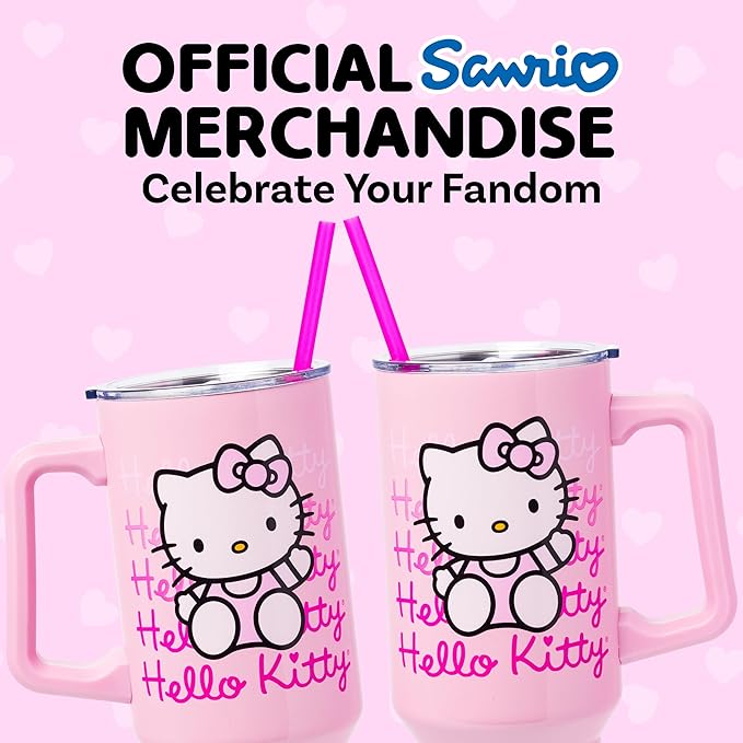 Silver Buffalo Sanrio Hello Kitty Waving Double Walled Stainless Steel Tumbler with Handle and Straw, Fits in Standard Cup Holder, 40 Ounces