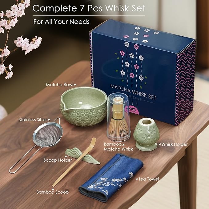 7Pcs Matcha Whisk Set, Matcha Set Whisk and Bowl,Bamboo Scoop, Scoop Rest, Sifter and Tea Towel, Matcha Kit W/Carved Cherry Blossm Pattern for Matcha Lovers (Sakura Green)