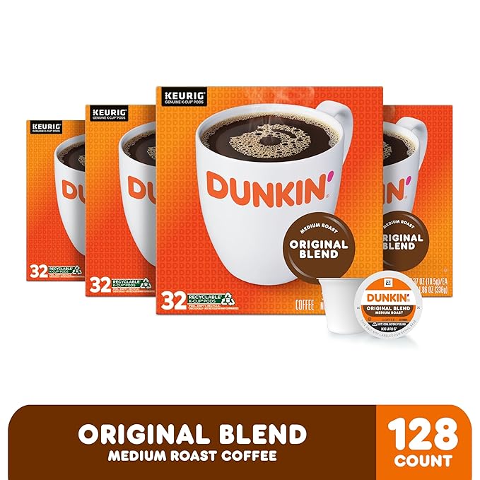 Dunkin’ Original Blend Medium Roast Coffee, Keurig K-Cup Pods, 32 Count Boxes (Pack of 4)