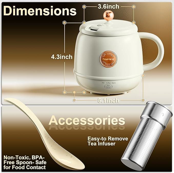 TOPWIT Electric Travel Kettle, 14oz Rapid Heating Up to 212°F, Temperature Control Heating Coffee Mug Warmer for Warm Drinks, Portable Tea Kettle for RV, Camping, Gift for Family/Friends/Elders, 110V
