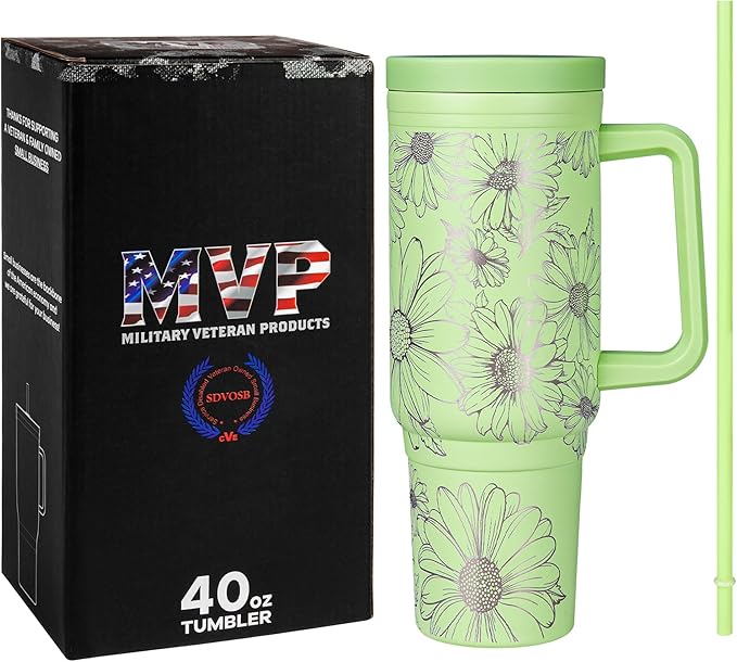Engraved Daisy 40oz Insulated Tumbler with Handle, Lid & Straw - Use for Water, Tea, Coffee & More-Disabled USMC Vet Owned Small Business-Daisy 40oz Tumbler