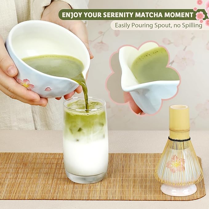 Matcha Whisk Set with Tray 8pcs, Matcha Kit includes Matcha Bowl, Matcha Whisk (Chasen), Whisk Holder, Scoop(Chashaku), Bamboo Placemat, Sifter, Tea Cloth Chakin，Blue & Pink